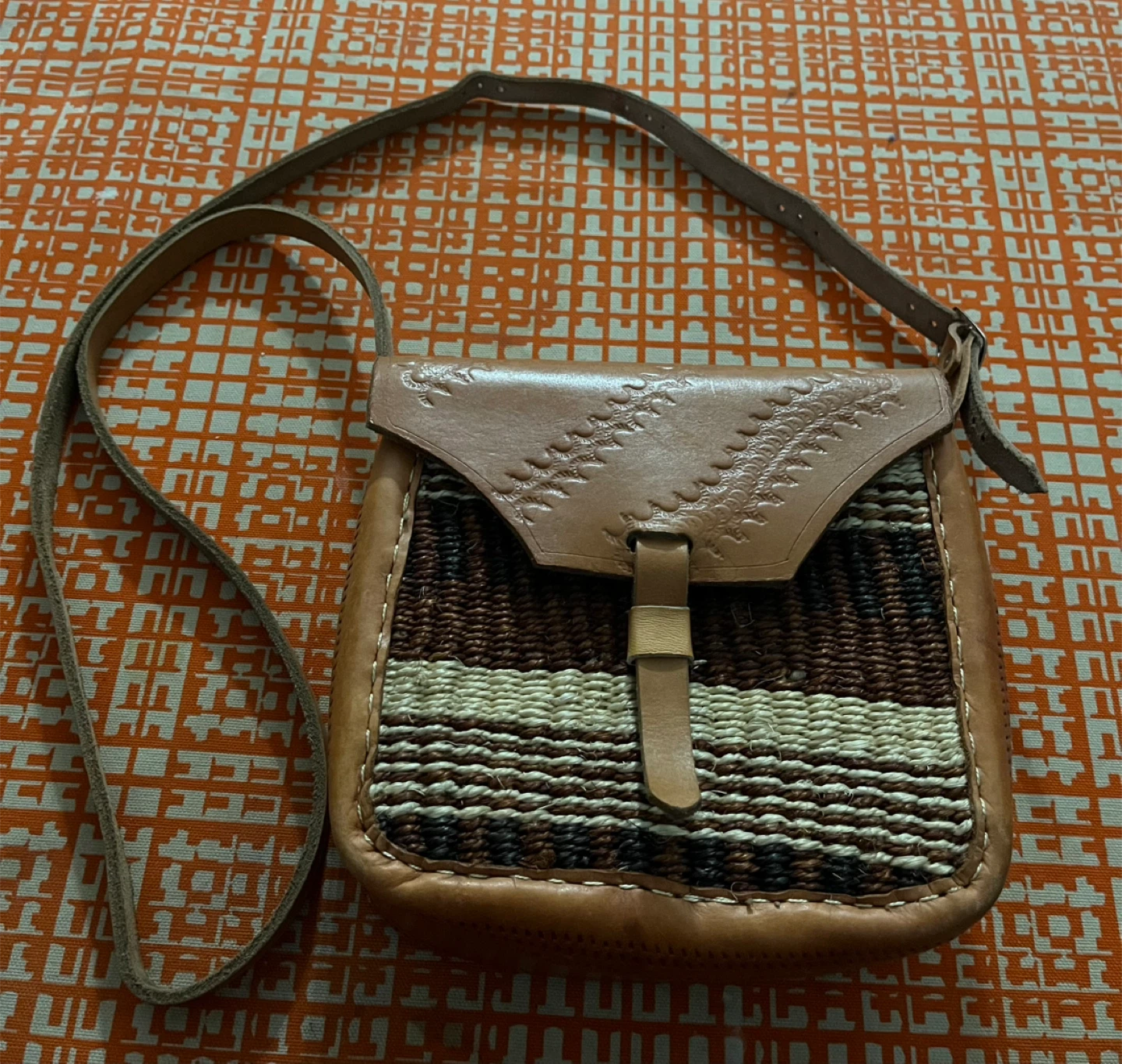 Woven and Leather Crossbody Bag