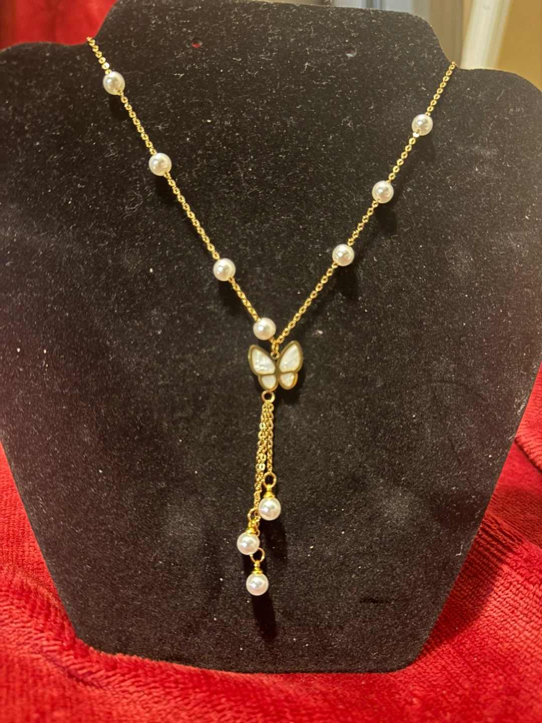 Gold-tone Necklace with Pearl Accents and Butterfly Pendant