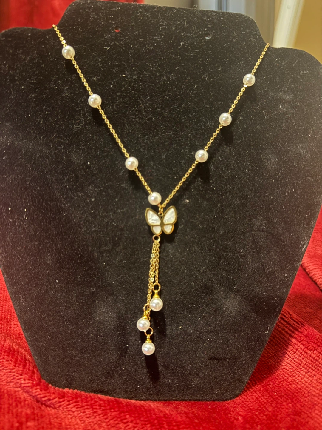 Gold-tone Necklace with Pearl Accents and Butterfly Pendant - photo 2