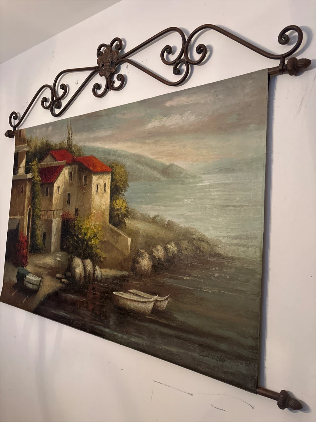 Vintage Oil Painting Coastal Scene with Boats and Houses - photo 4