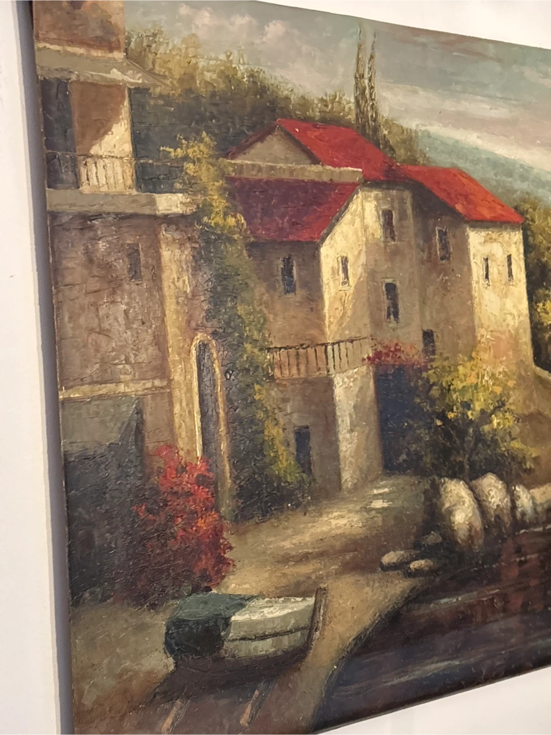 Vintage Oil Painting Coastal Scene with Boats and Houses - photo 2