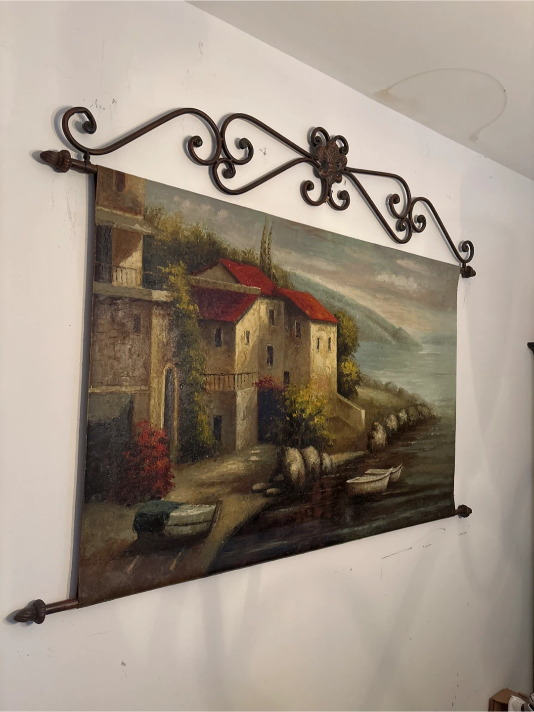 Vintage Oil Painting Coastal Scene with Boats and Houses