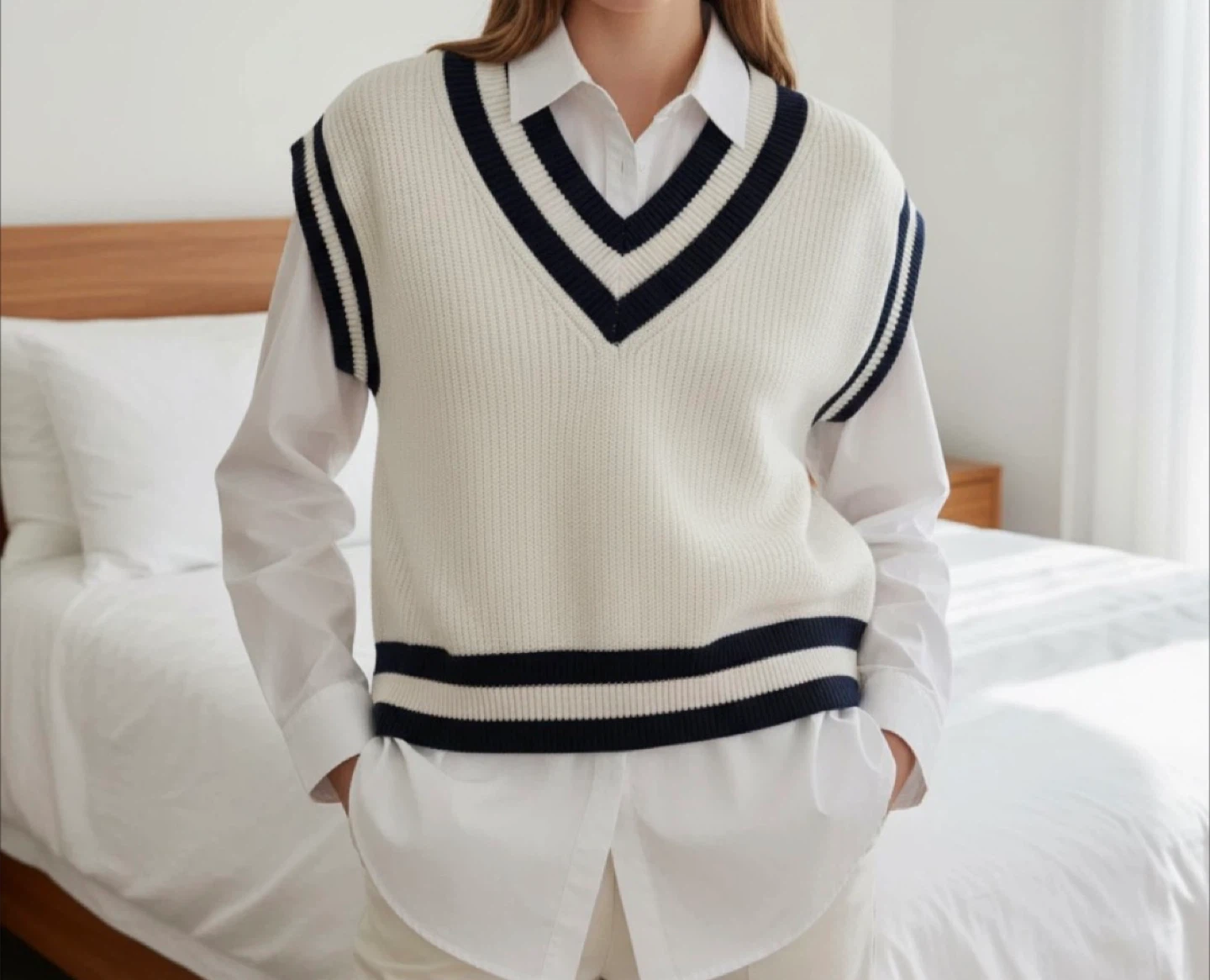Dotti Sleeveless V-Neck Sweater Vest Navy White Size S