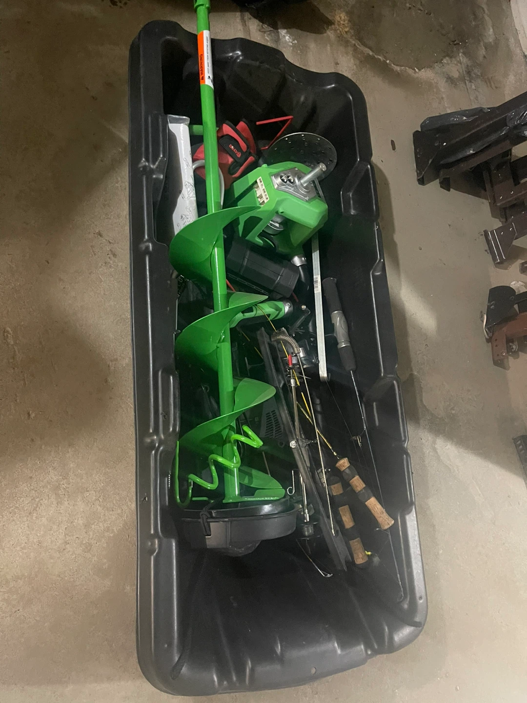 Ice Fishing Auger, Sled, Rods & Gear