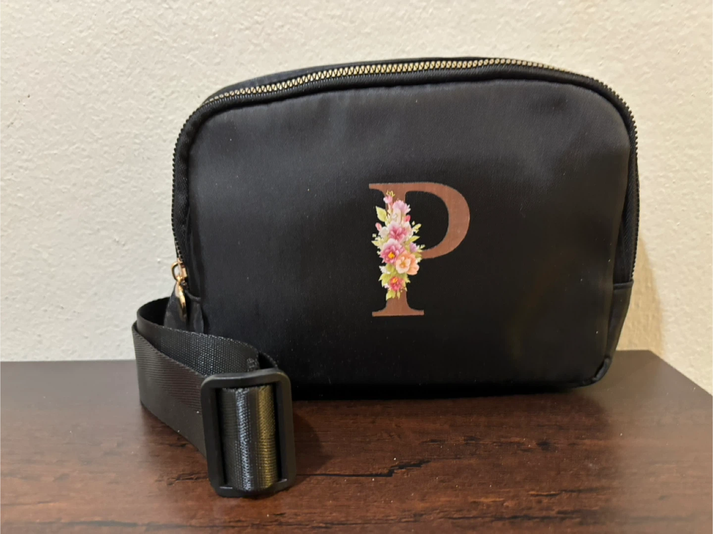 BRAND NEW-Black Fanny Pack with Floral Initial 'P'