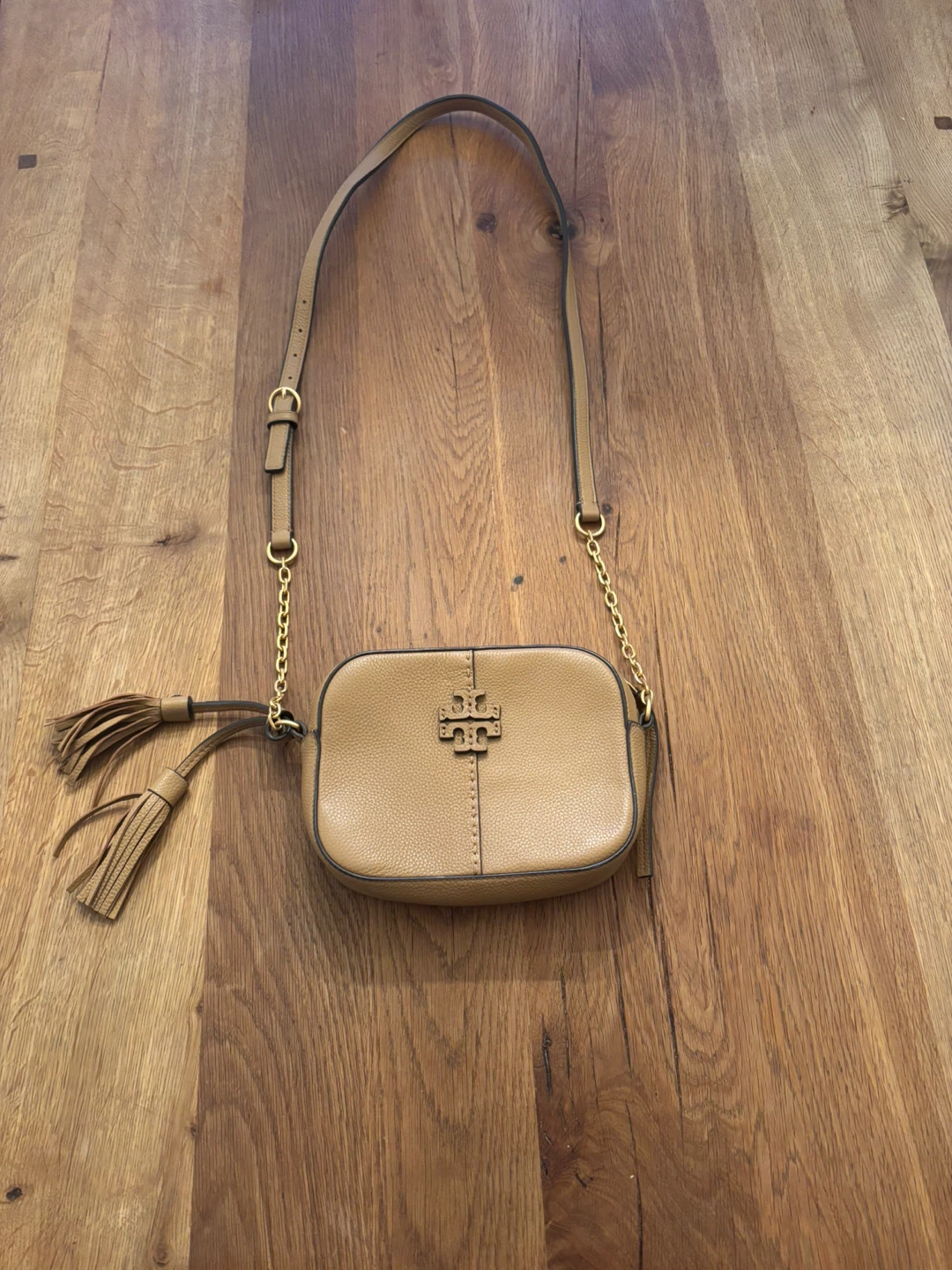 Tory Burch Tan Leather Camera Bag with Tassels
