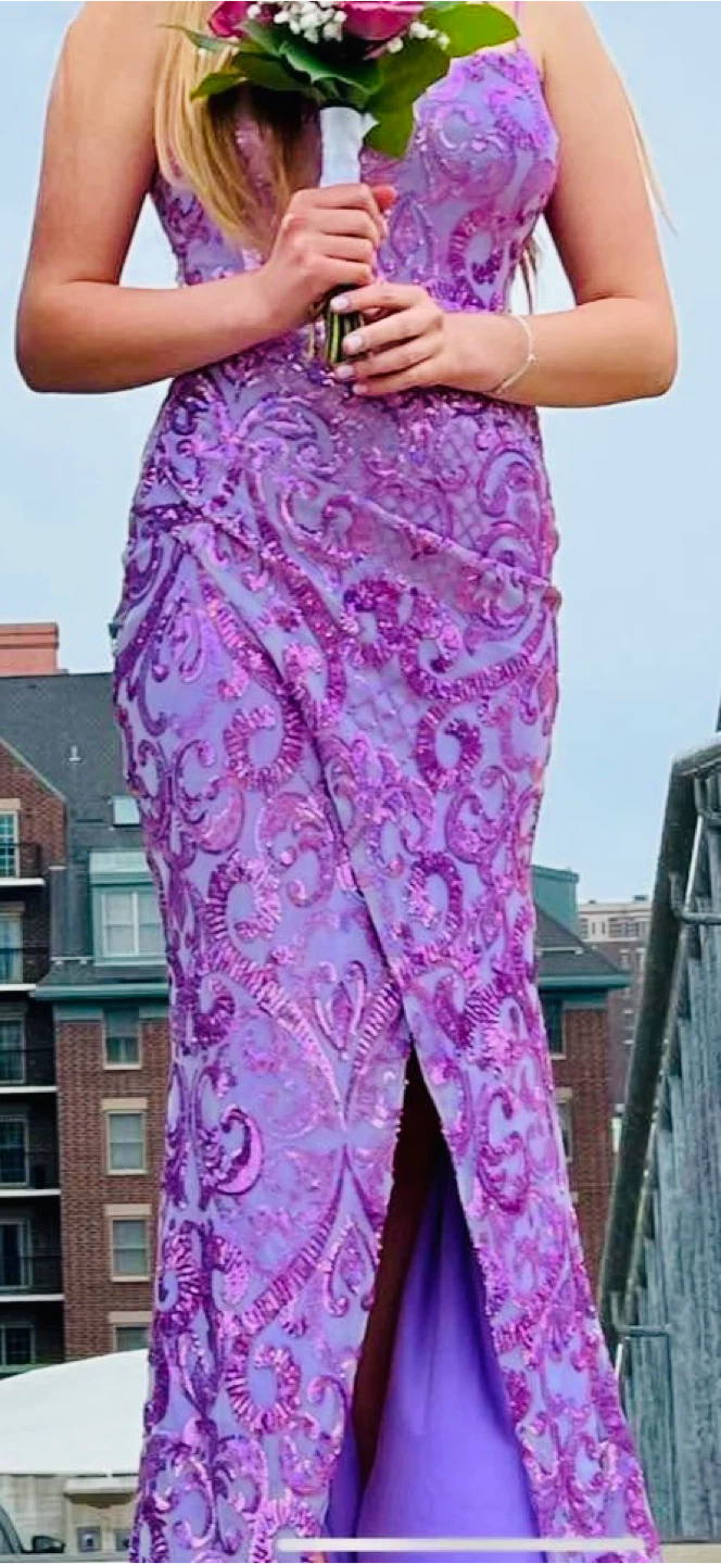 Purple Sequined Lace-Up Back Formal Gown - photo 3