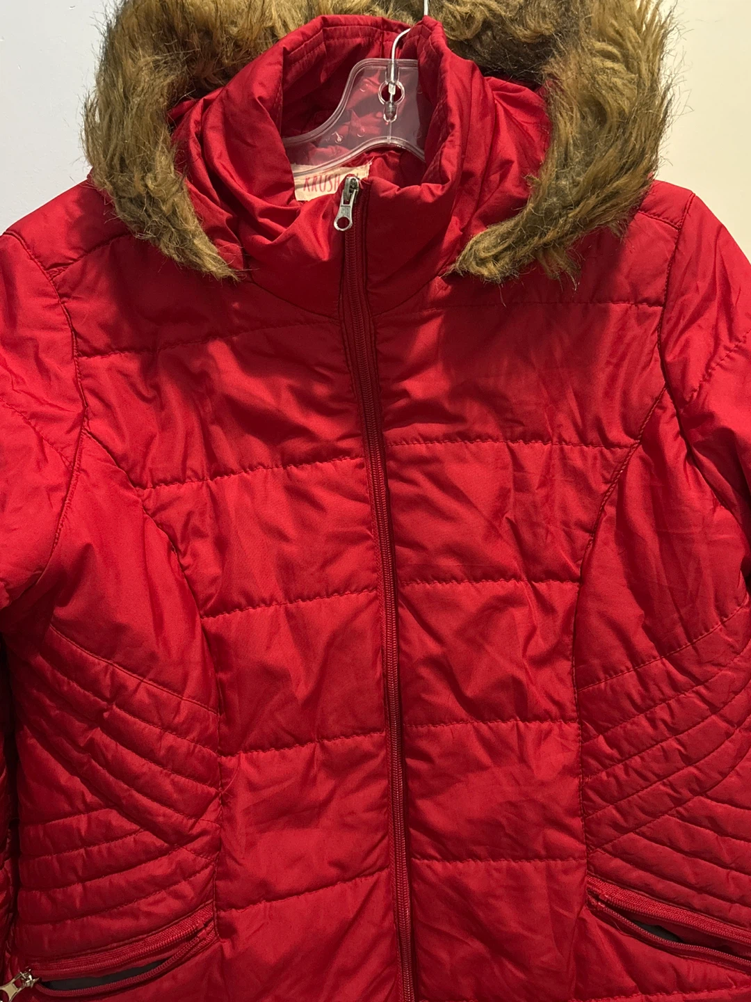 Red Puffer Jacket with Fur Hood - photo 2