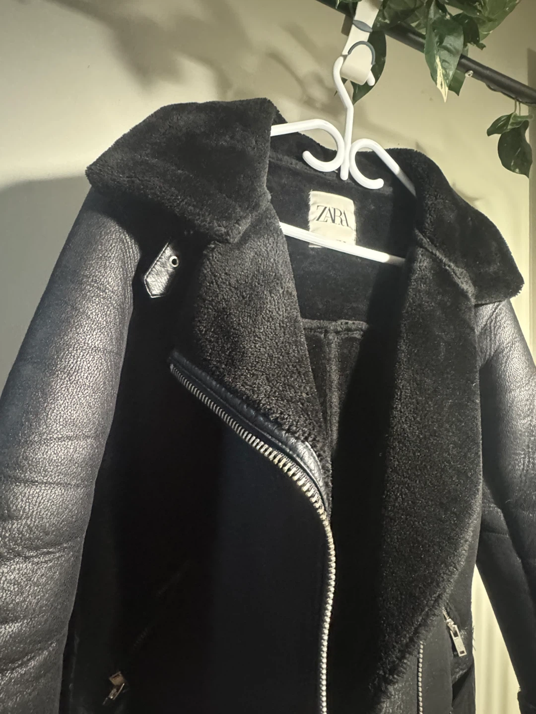 Black Faux Leather Shearling Lined Aviator Jacket - photo 2