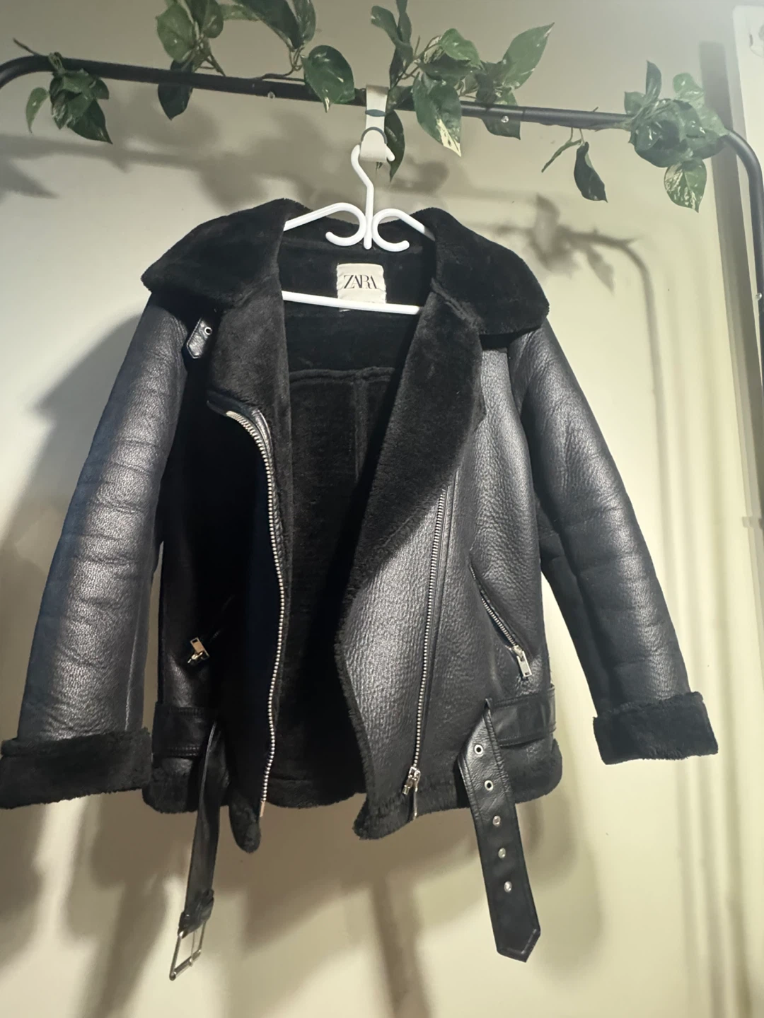 Black Faux Leather Shearling Lined Aviator Jacket
