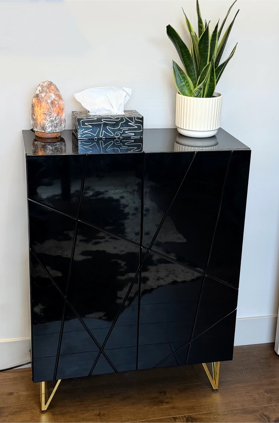Black Glossy Cabinet with Gold Hairpin Legs