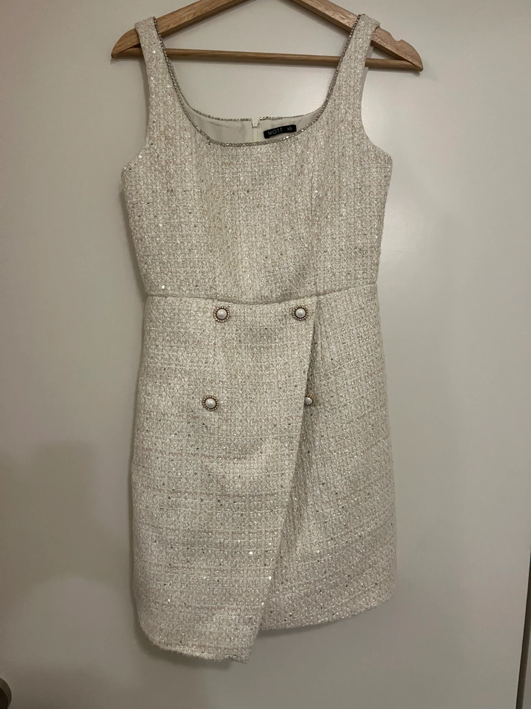 White Tweed Embellished Mini Dress - XS