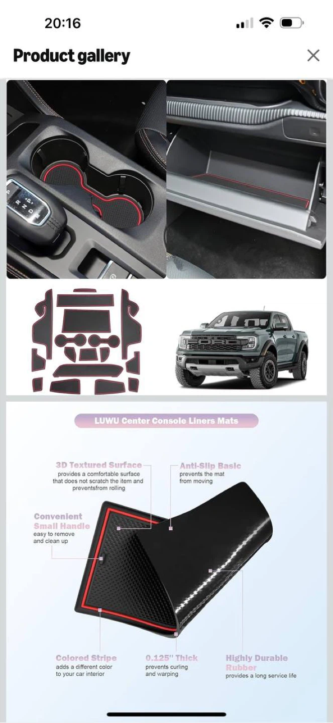 LUWU Ford Ranger 2024 Console Liners XL XLT Lariat Raptor - photo 2