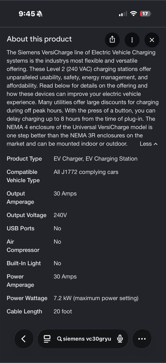 Siemens VersiCharge EV Charger VC30GRYU Grey - photo 2