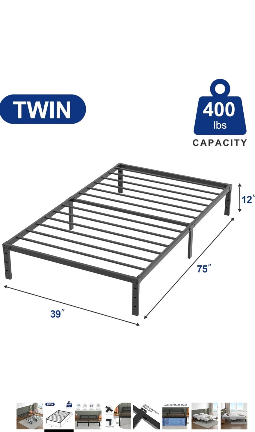 Twin Black Metal Bed Frame with mattress
