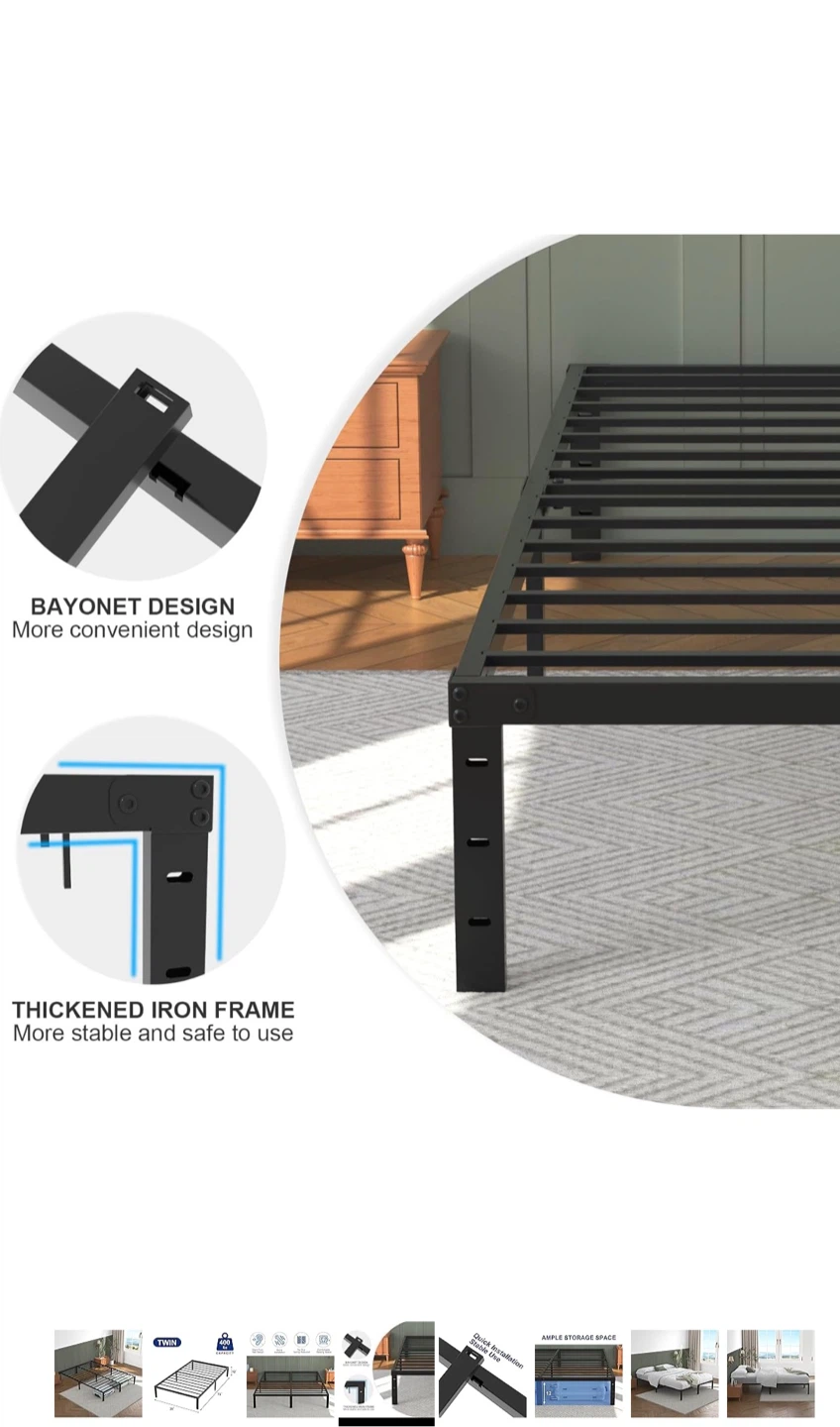 Twin Black Metal Bed Frame with mattress - photo 2