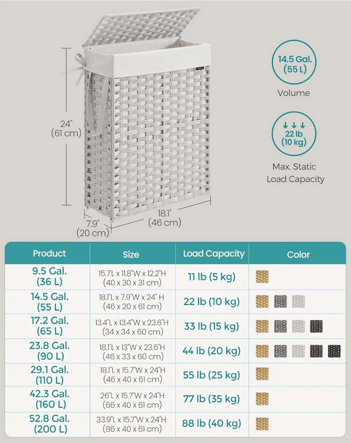Slim Laundry Hamper with Lid 55L – Rattan Style,  Vacuum Sealed - photo 5