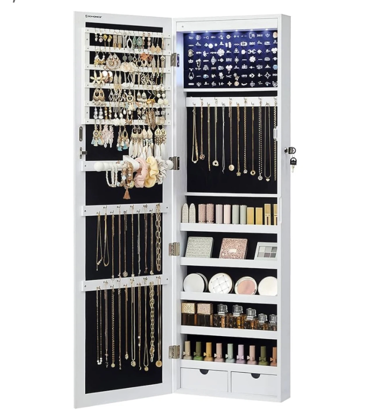 LED Mirror Jewelry Cabinet 47.2” – Lockable Wall/Door Mounted
