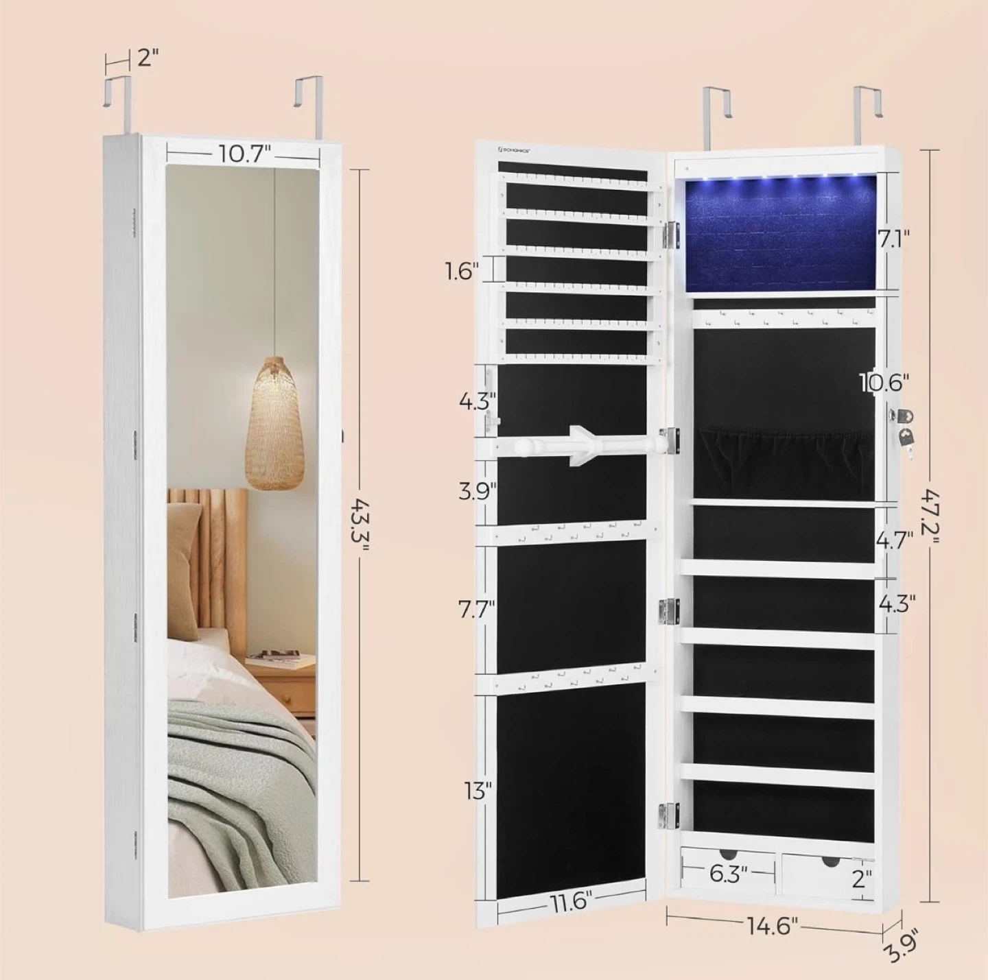 LED Mirror Jewelry Cabinet 47.2” – Lockable Wall/Door Mounted - photo 4