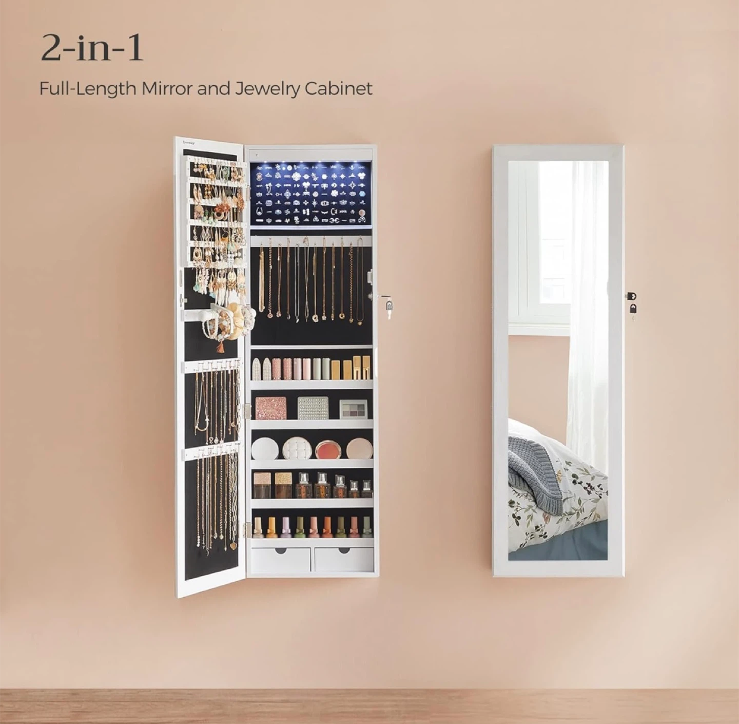LED Mirror Jewelry Cabinet 47.2” – Lockable Wall/Door Mounted - photo 2