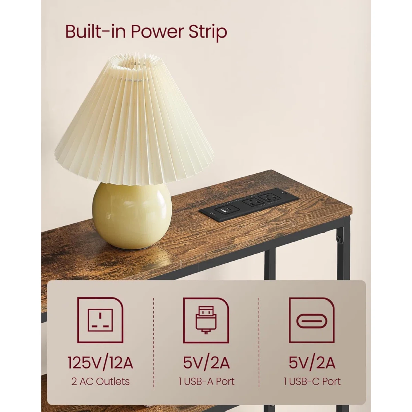 Console Table with Power Outlet – Narrow Sofa Table - photo 5
