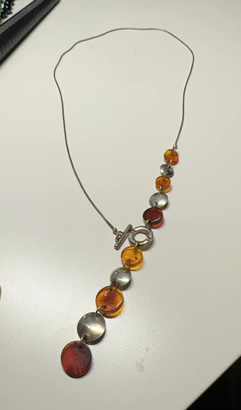 Vintage Amber & Sterling Silver Necklace – Unique T-Bar Design