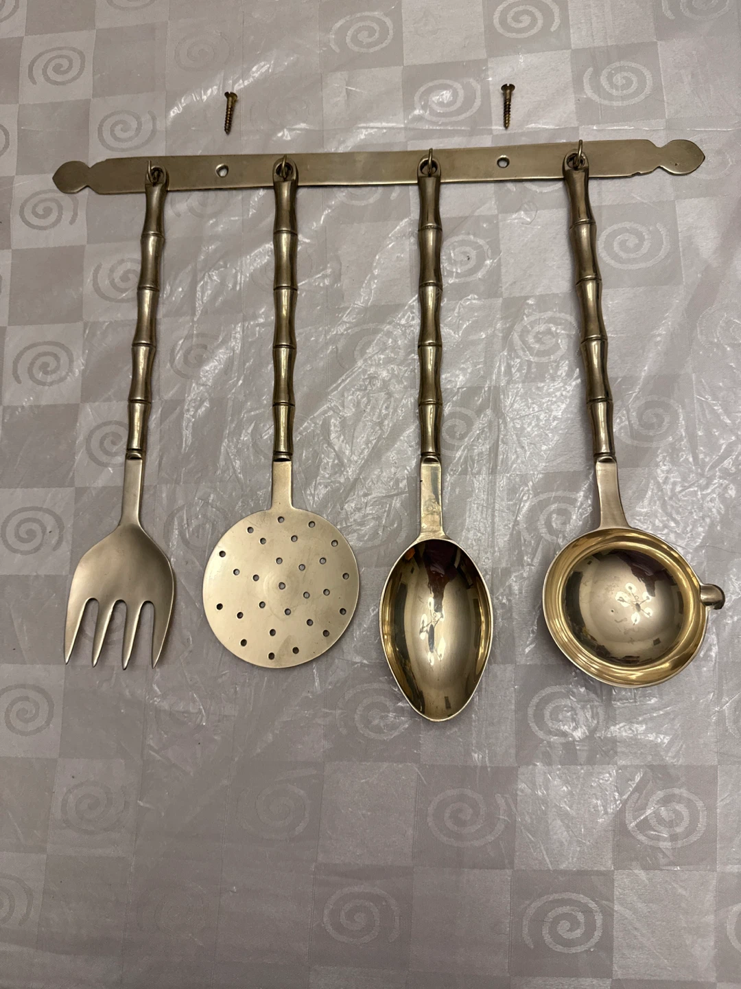 Vintage Brass Kitchen Utensil Set with Wall Mount