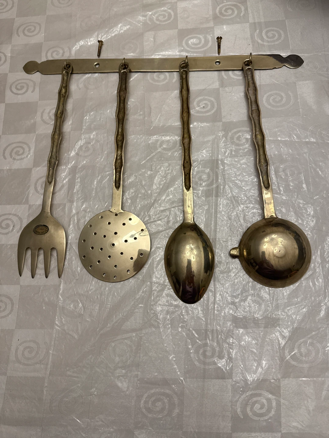Vintage Brass Kitchen Utensil Set with Wall Mount - photo 2