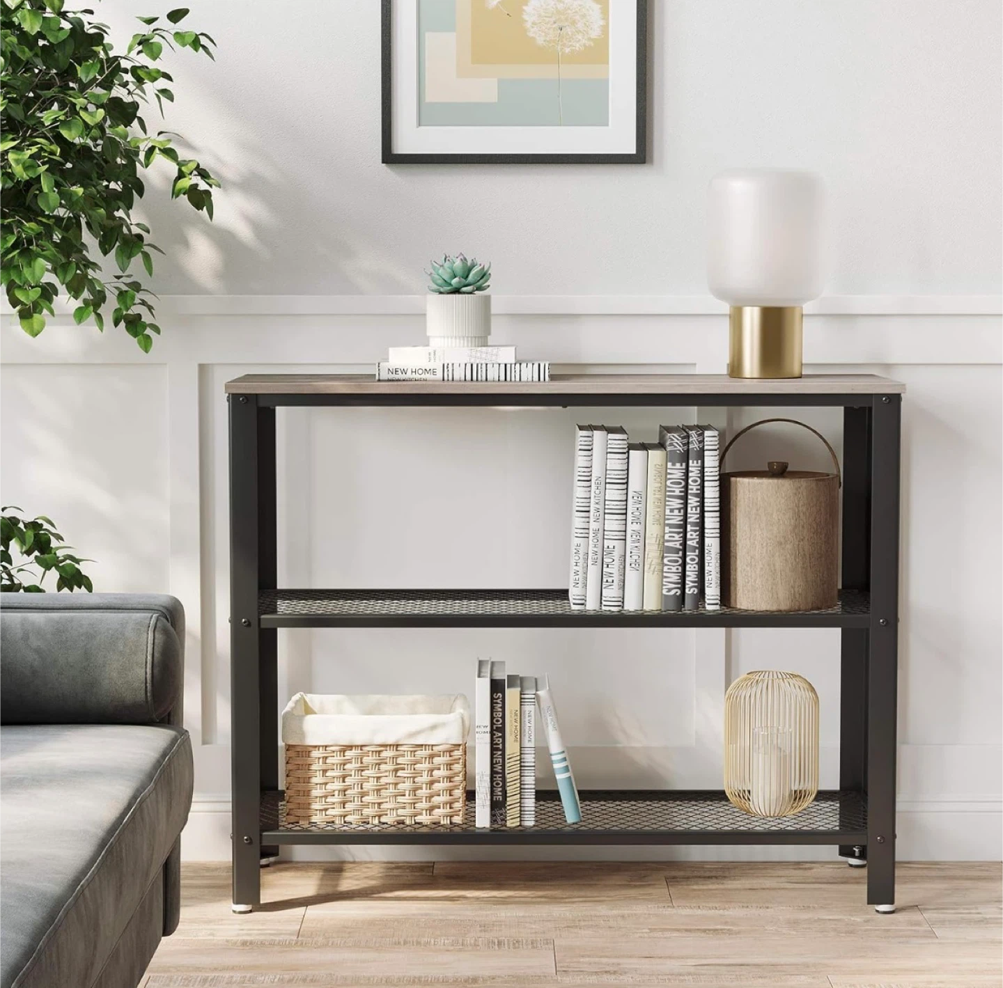 VASAGLE 40” Industrial Console Table – 3-Tier, Greige & Black