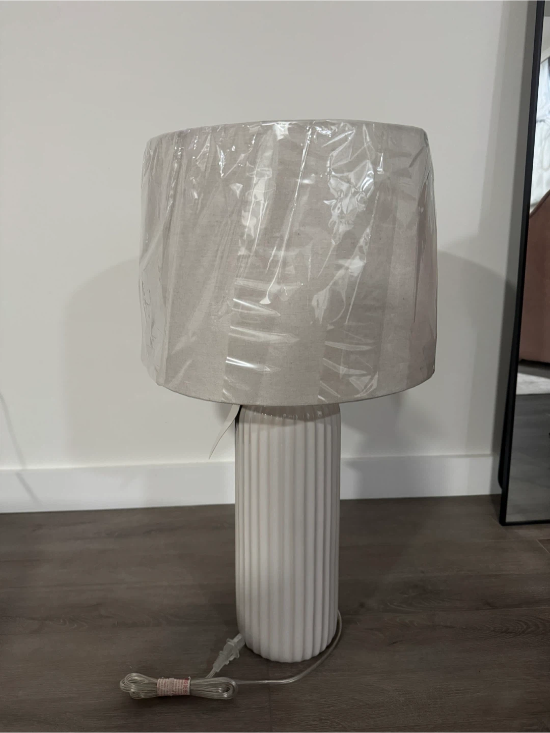 White Fluted Table Lamp with Light Beige Shade