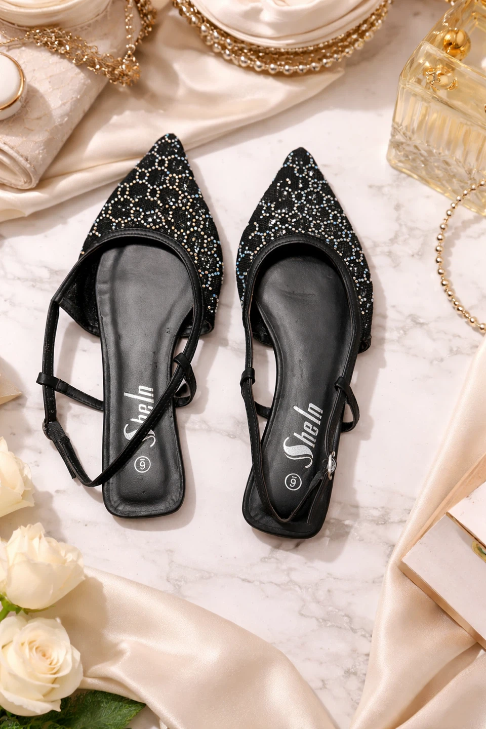 SheIn Black Rhinestone Slingback Flats