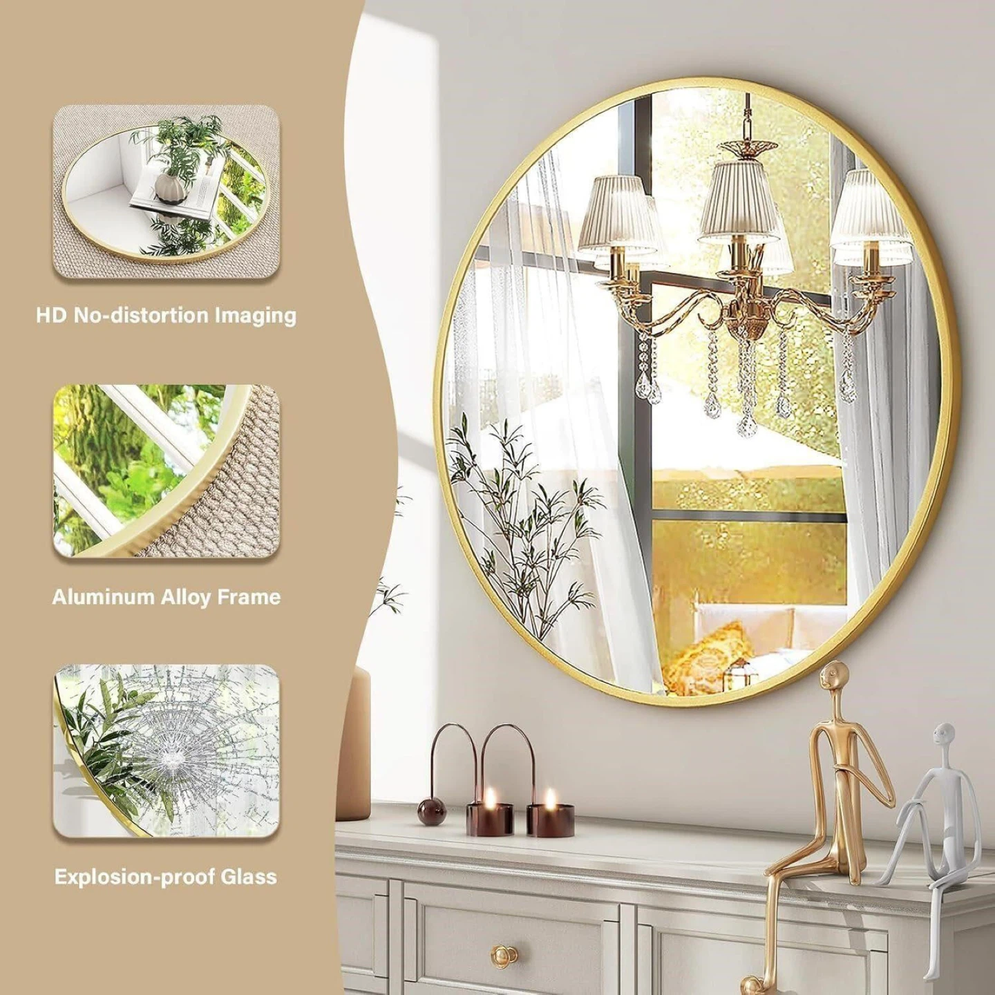 Round Gold Aluminum Alloy Frame Mirror - photo 2