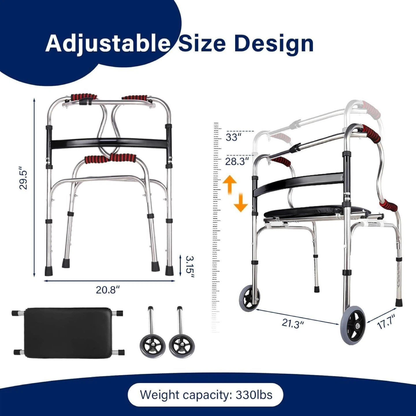 Adjustable Height Walker with Seat and Wheels - photo 2