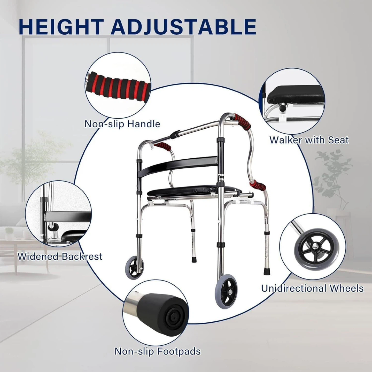 Adjustable Height Walker with Seat and Wheels - photo 3