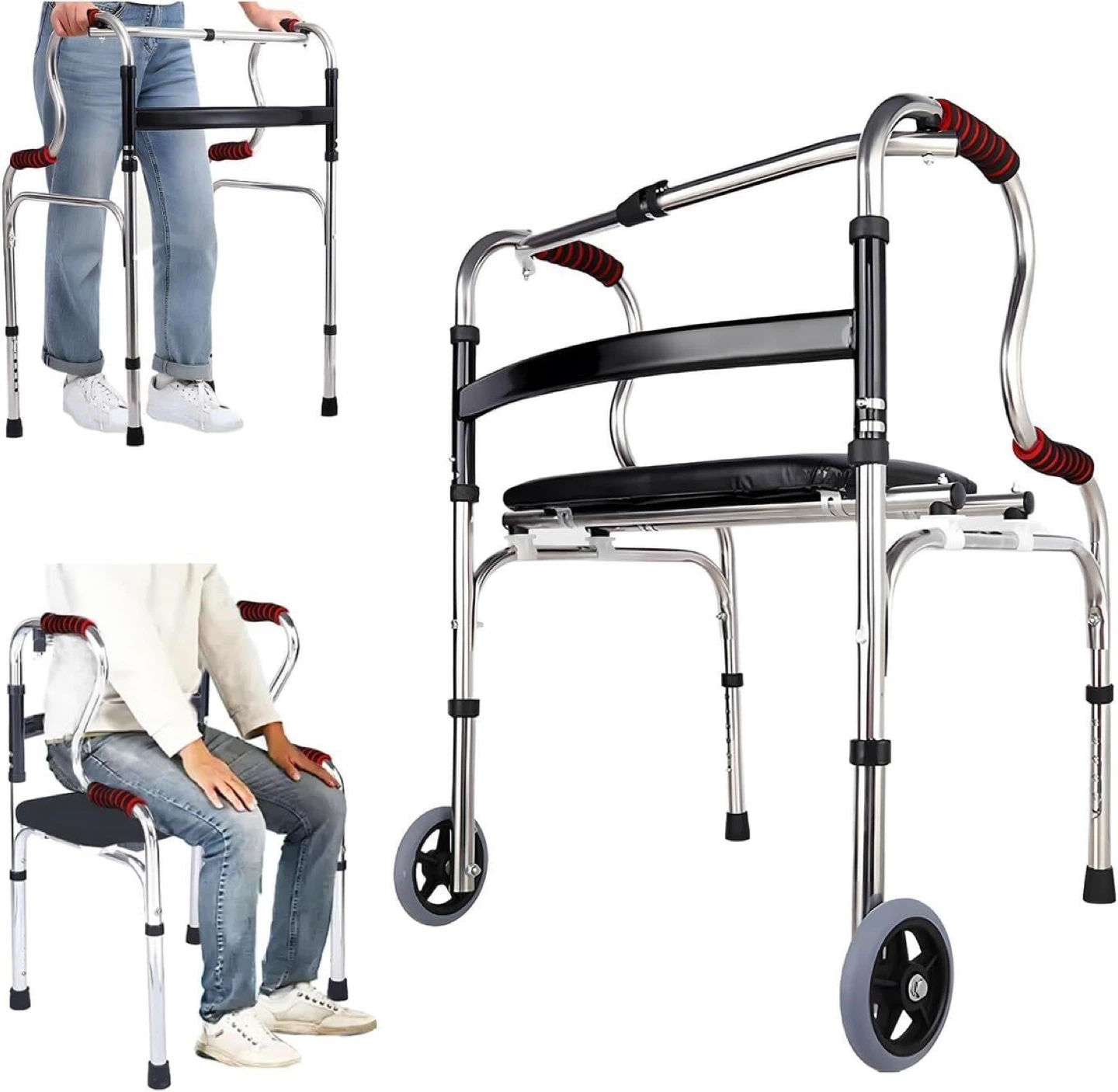 Adjustable Height Walker with Seat and Wheels