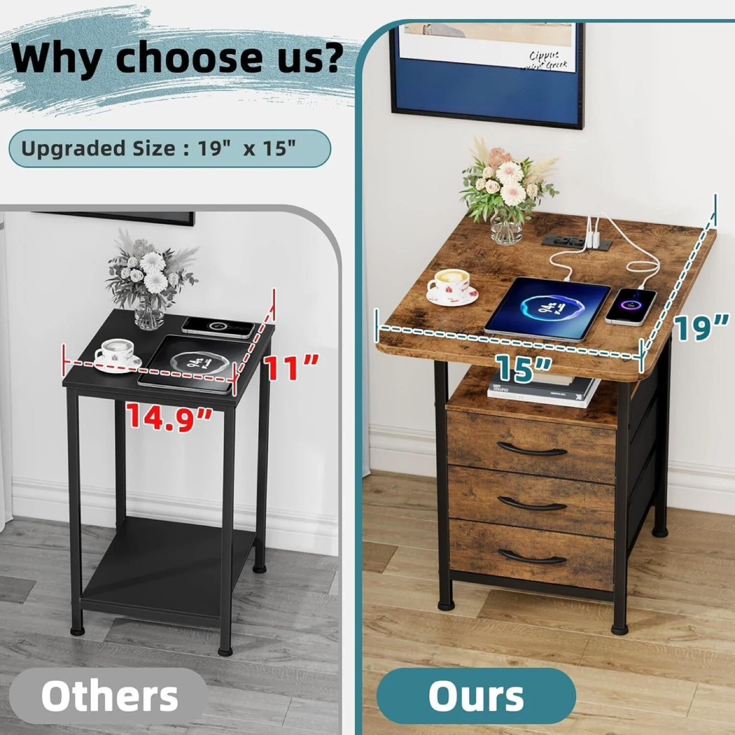 Rustic Wood Side Table with 3 Drawers and Charging Station - photo 2