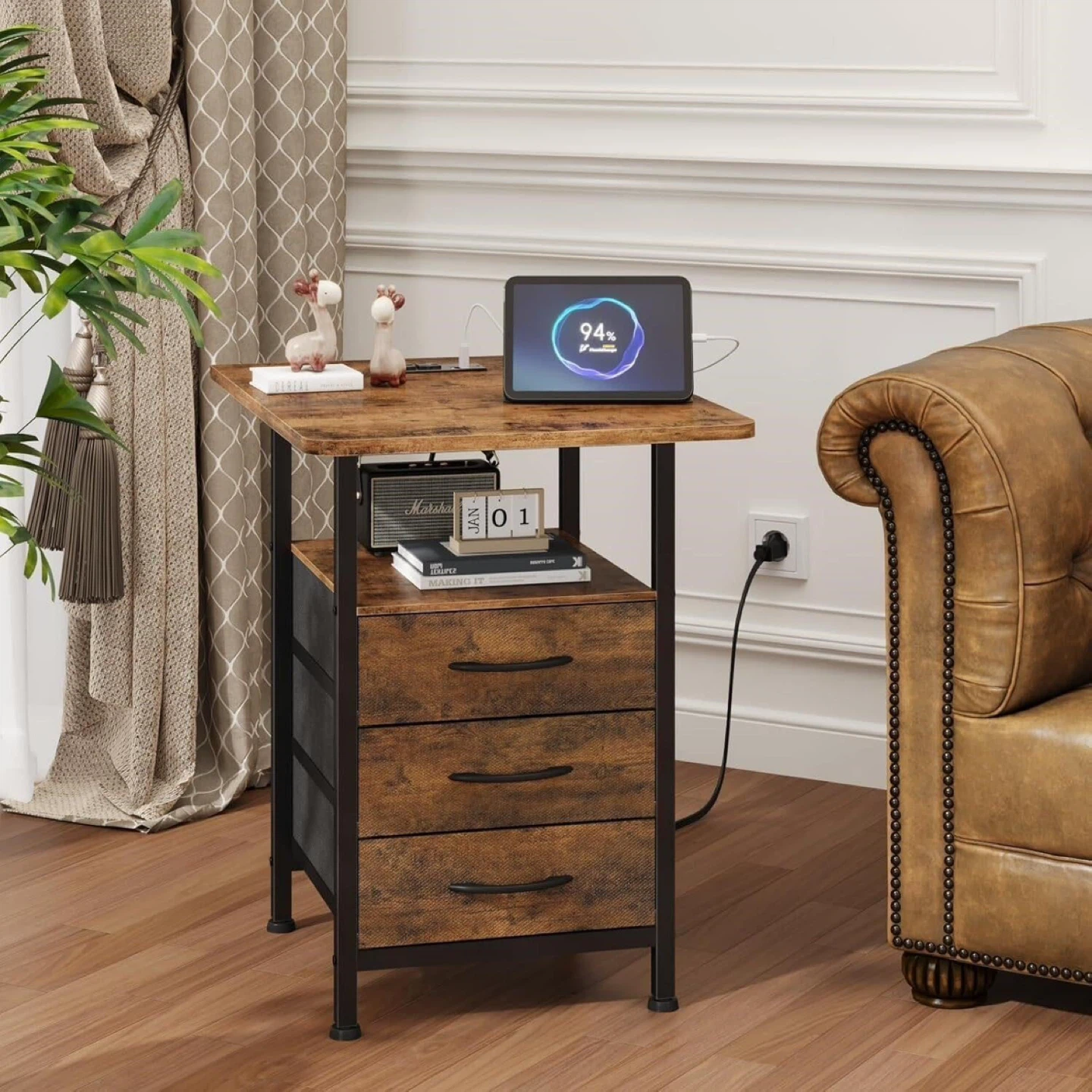 Rustic Wood Side Table with 3 Drawers and Charging Station - photo 4