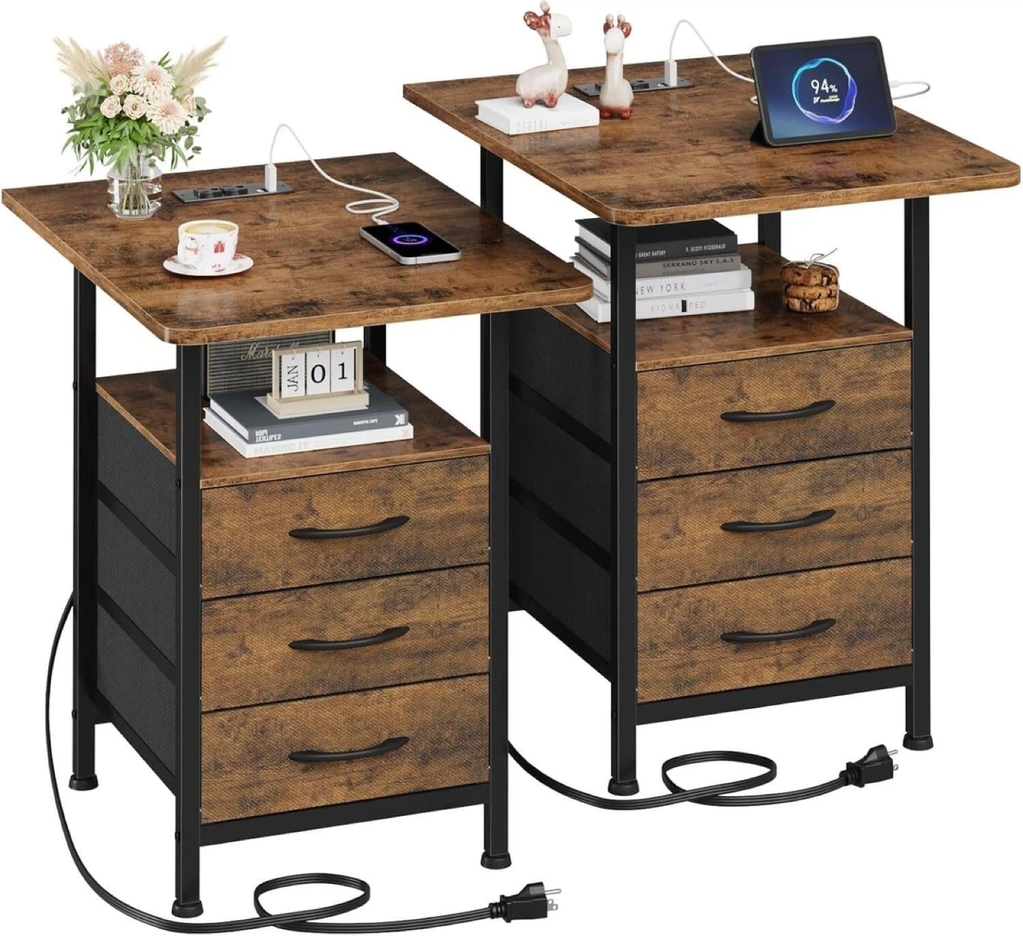 Rustic Wood Side Table with 3 Drawers and Charging Station