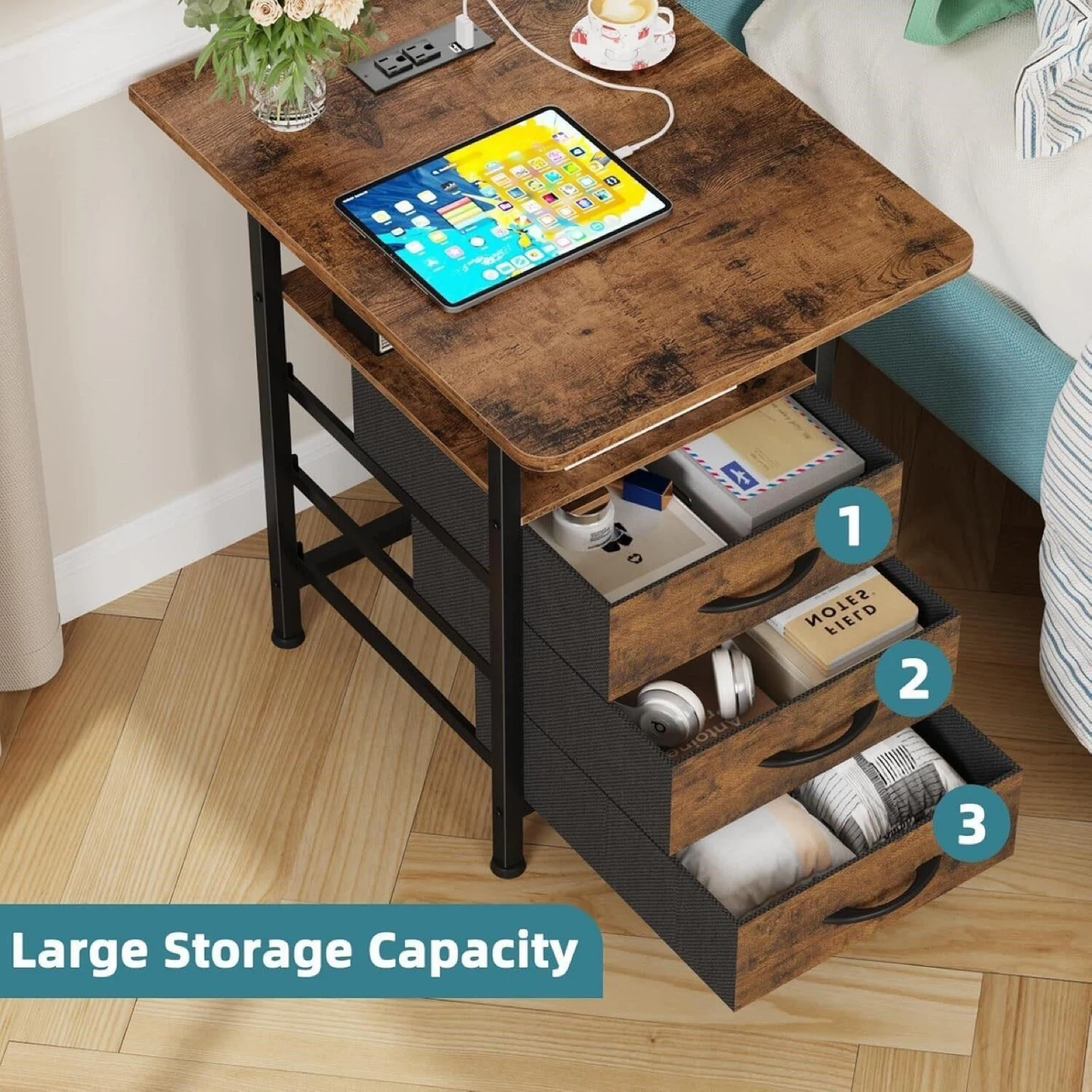 Rustic Wood Side Table with 3 Drawers and Charging Station - photo 3