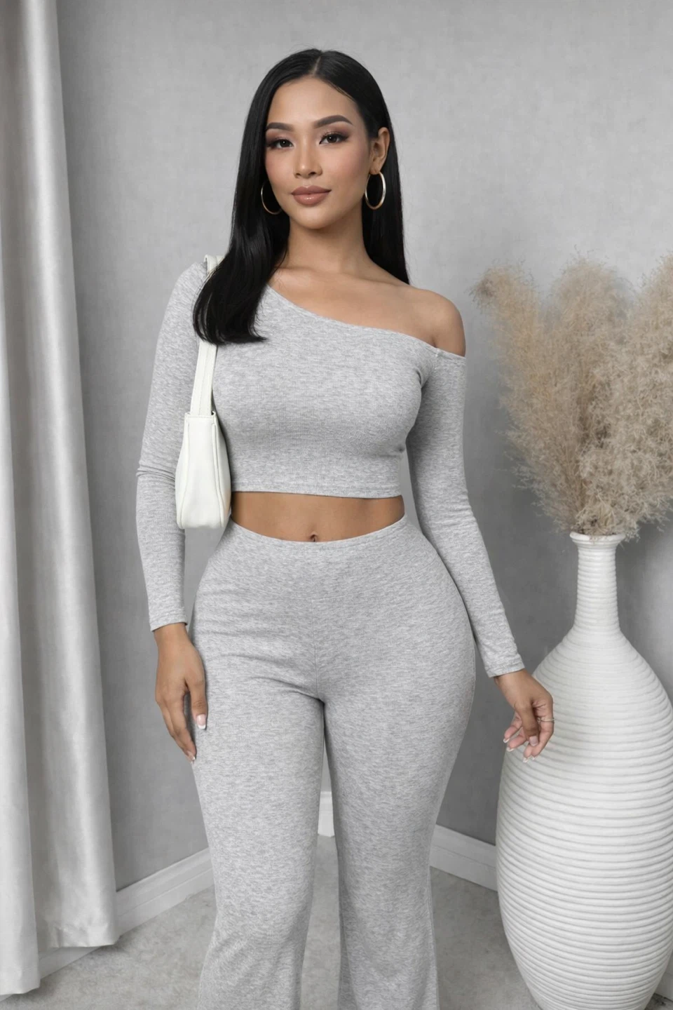 Grey Ribbed Off-the-Shoulder Crop Top & Flare Pants Set