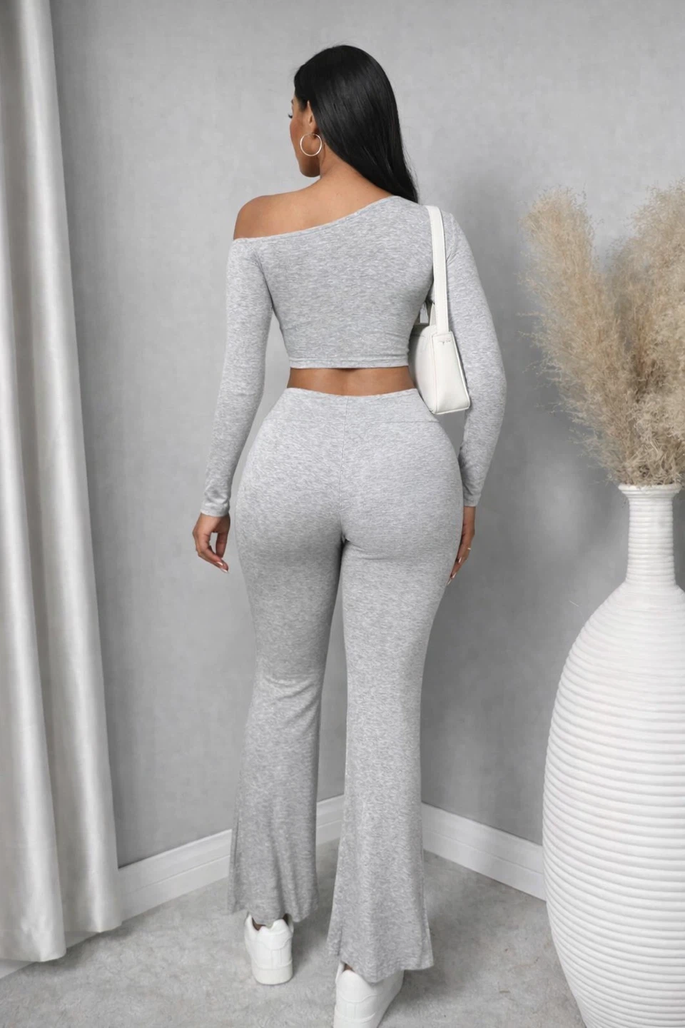 Grey Ribbed Off-the-Shoulder Crop Top & Flare Pants Set - photo 2