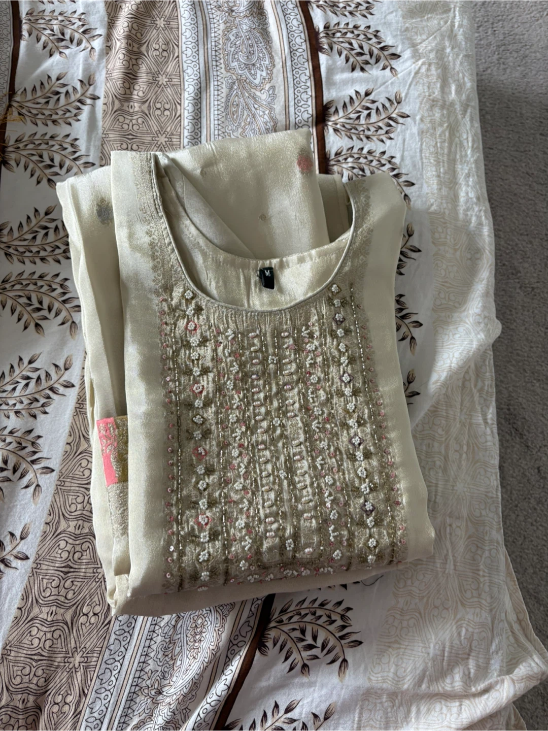 Cream Embroidered Kurti with Dupatta and Pants - Size M