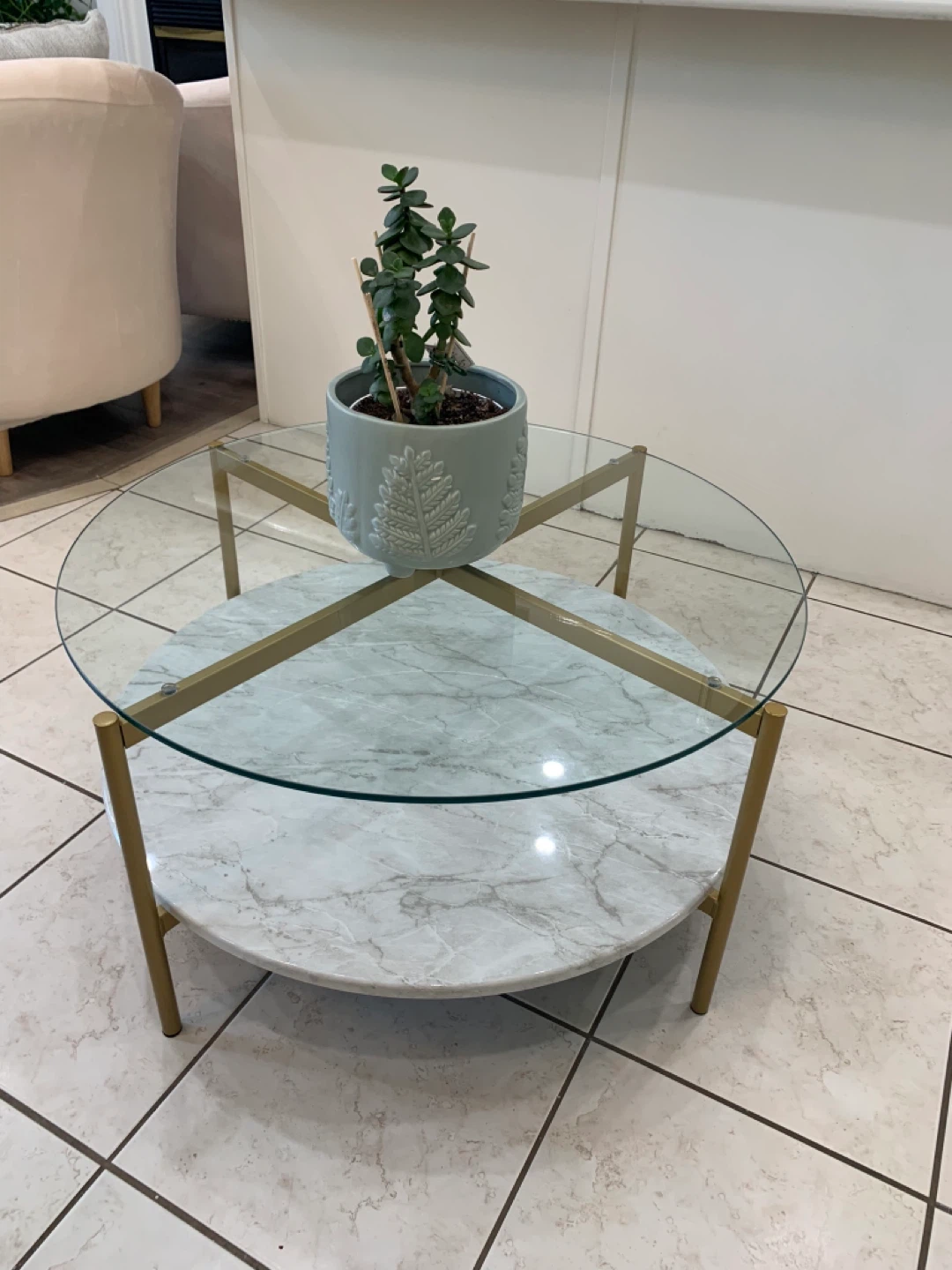 Round Coffee Table with Glass Top and Marble Shelf