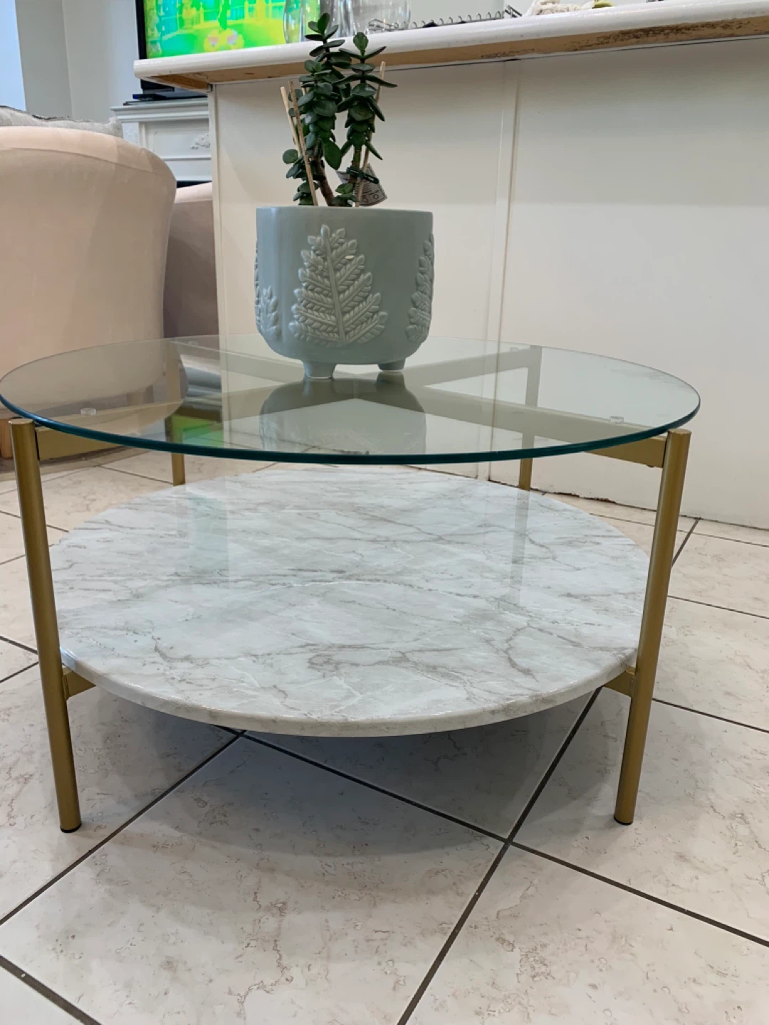 Round Coffee Table with Glass Top and Marble Shelf - photo 4