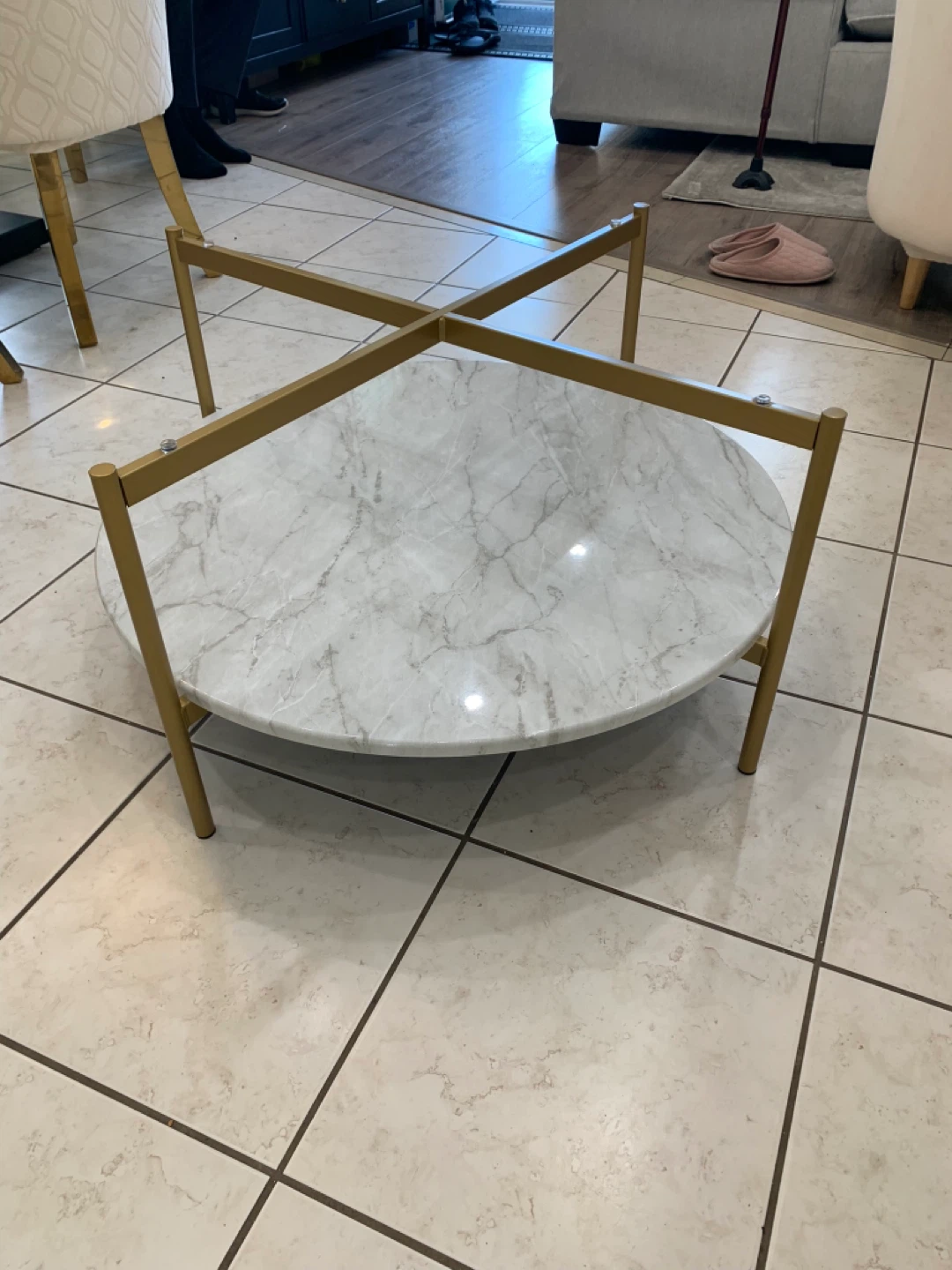 Round Coffee Table with Glass Top and Marble Shelf - photo 2