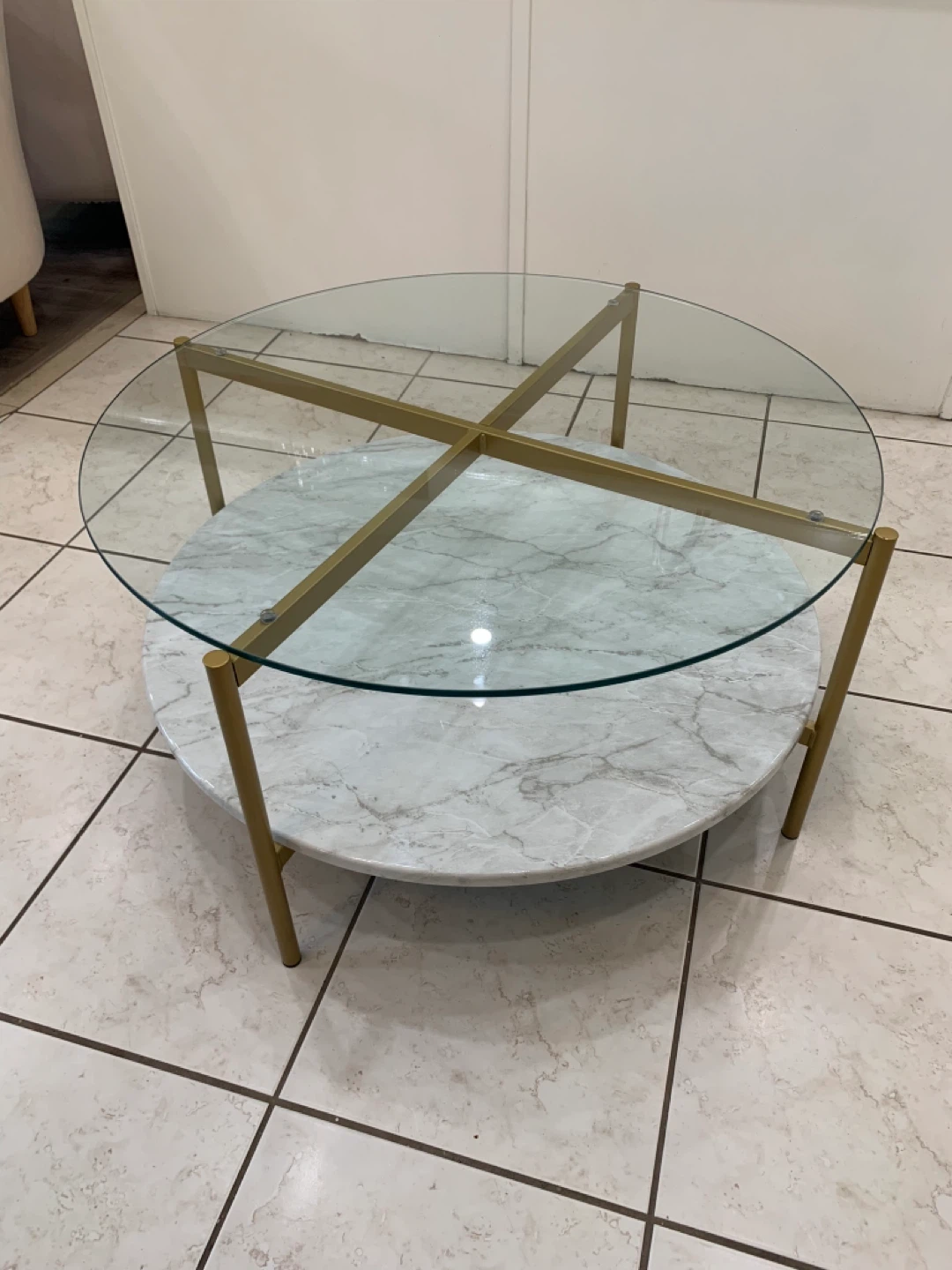 Round Coffee Table with Glass Top and Marble Shelf - photo 3