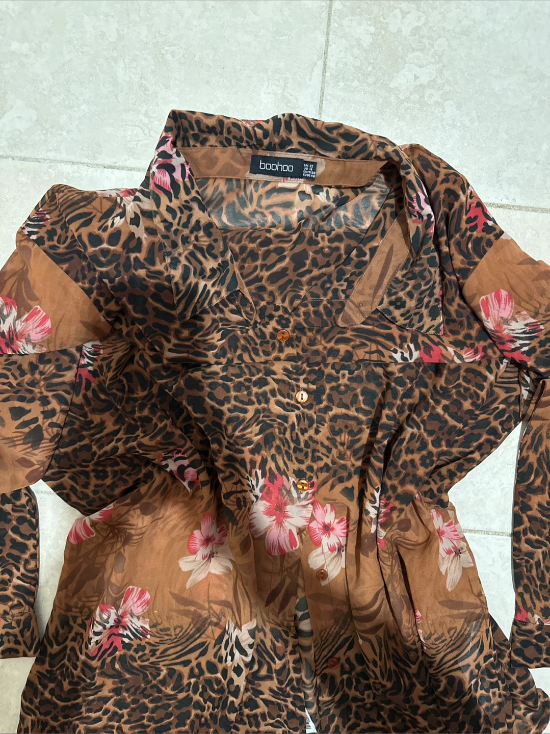 Boohoo Brown Leopard Print Floral Sheer Button-Up Shirt - photo 2