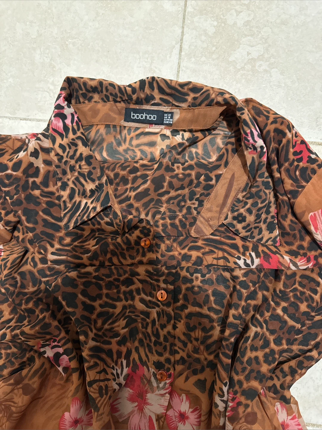 Boohoo Brown Leopard Print Floral Sheer Button-Up Shirt