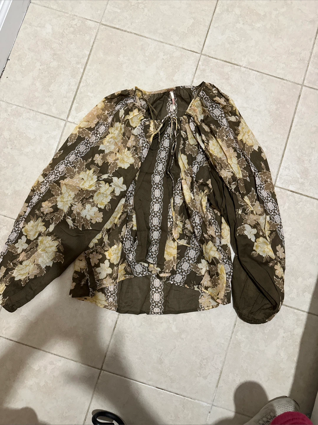 Free People Floral Print Tie Neck Blouse