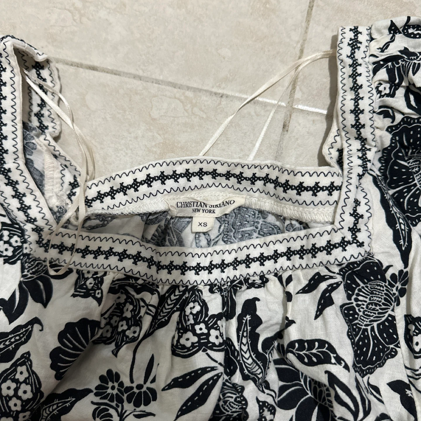 Christian Siriano Black & White Floral Print Square Neck Top XS